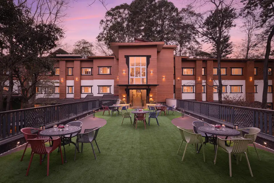 Resort lawn and outdoor seating in the evening